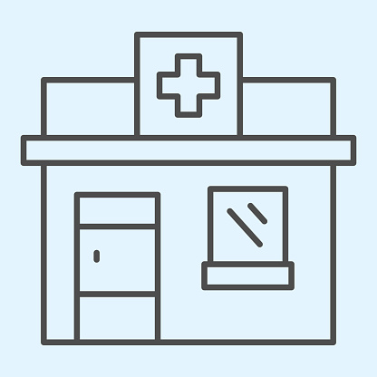 Pharmacy shop thin line icon. Private drugstore with cross on signboard. Health care vector design concept, outline style pictogram on white background, use for web and app. Eps 10