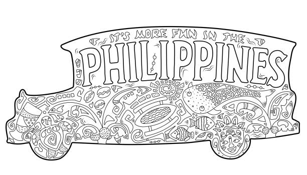 Philippine jeepney tribal ornament coloring page vector art illustration
