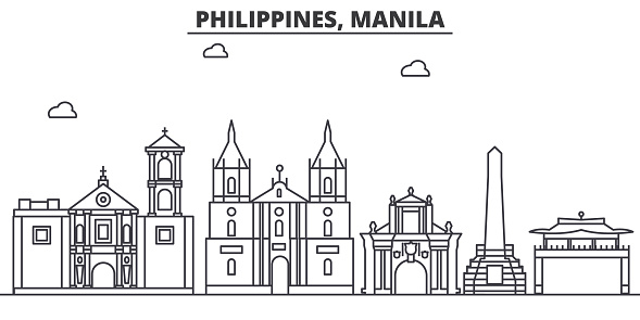 Philippines, Manila architecture line skyline illustration. Linear vector cityscape with famous landmarks, city sights, design icons. Landscape wtih editable strokes