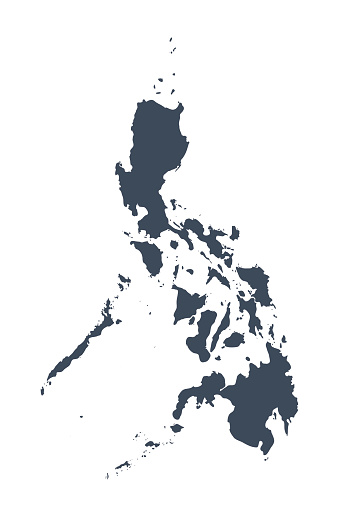 A graphic illustrated vector image showing the outline of the country Phillipines. The outline of the country is filled with a dark navy blue colour and is on a plain white background. The border of the country is a detailed path. 