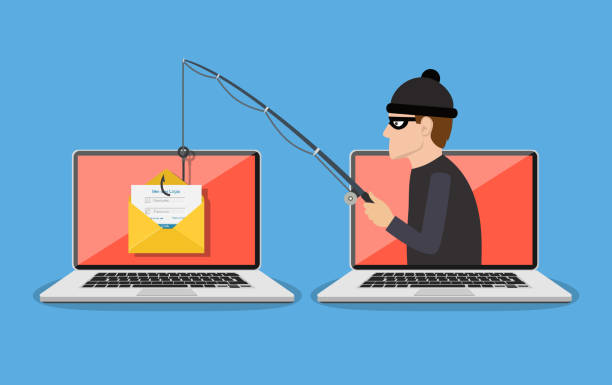 Phishing scam, hacker attack Login into account in email envelope and fishing hook. Phishing scam, hacker attack and web security concept. online scam and steal. vector illustration in flat design computer crime stock illustrations