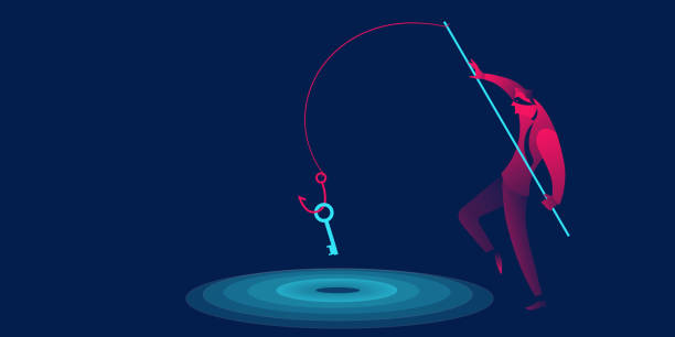 Phishing, scam, hacker business concept in red and blue neon gradients.  Man with fishing hook stealing key Phishing, scam, hacker business concept in red and blue neon gradients.  Man with fishing hook stealing key phishing stock illustrations