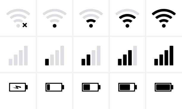ilustrações de stock, clip art, desenhos animados e ícones de phone bar status icons, battery icon, wifi signal strength - pilha fornecimento de energia