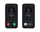istock Phone call screen interface. Incoming call template on smartphone. Mobile phone display. Vector illustration. 1303373646