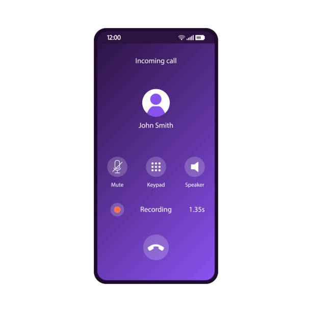 Phone calls app smartphone interface vector template Phone calls app smartphone interface vector template. Mobile application page purple design layout. Incoming call, voice recording on screen. Mute, keypad, speaker buttons on display. Flat gradient UI device screen stock illustrations