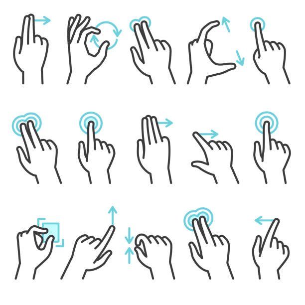 Phone hand gestures. Hand gesture for touchscreen devices, slide touch phone. Zoom move swipe press finger actions, vector symbols set Phone hand gestures. Hand gesture for touchscreen devices, slide touch phone. Zoom move swipe press touching finger actions, vector symbols set gesturing stock illustrations