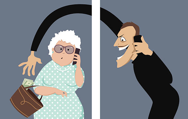 Phone scam Scammer talks on a phone with a senior woman and trying to steal money out of her purse, vector illustration, no transparencies, EPS 8 scammer stock illustrations