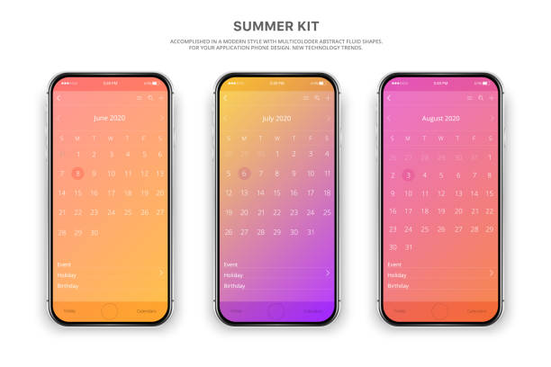 Phone summer kit Smartphone, mobile phone isolated, realistic vector cell phone. Silver smartphone. Mobile application. Calendar 2020. phone cover stock illustrations