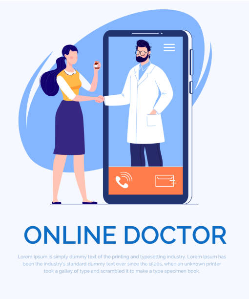 通過電話視頻呼叫醫生通過智慧手機線上醫療諮詢概念的應用  程式 - 遠距醫療 插圖 幅插畫檔、美工圖案、卡通及圖標