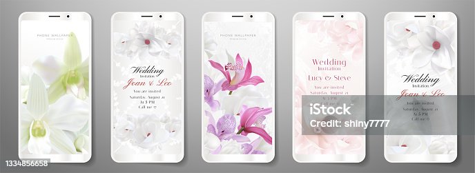 istock Phone wallpaper, invitation (Smartphone flower background). Digital graphic art design with floral pattern 1334856658