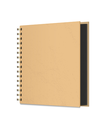Photo album from kraft paper with black pages and golden spirals. Vector 3d realistic. Blank Stylish template. Mockup. Vertical Closed thick Hardcover album or gift book.