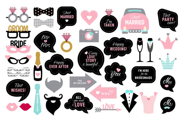 Photo booth props for wedding party bride Wedding photo booth props. Bride and groom party .  Vector photobooth set - lips, glasses, bow, arrow, ring, cake, heart. Black and pink speech bubble with quotes for marriage. Happy ever after, mr, mrs, love you. selfie borders stock illustrations