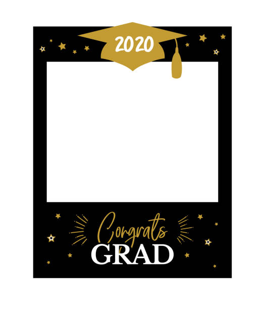 Photo booth props frame for graduation party Graduation party photo booth props. Frame with cap for grads. Concept for selfie. Photobooth vector element. Congradulation grad quote. Gold and black decoration for celebration selfie designs stock illustrations