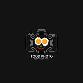 Food photo icon. Camera icon with omelette label, scrambled eggs with red chili pepper