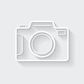 istock Photo camera. Icon with long shadow on blank background - Flat Design 1371053417