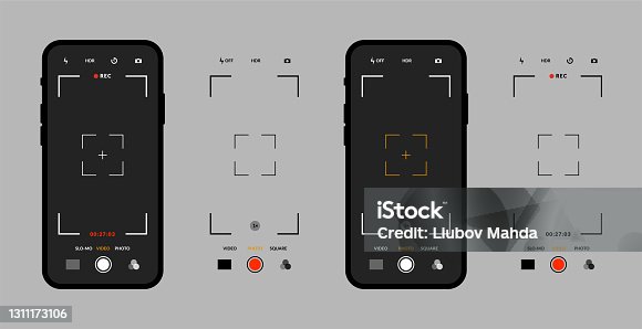 istock Photo camera mobile interface. Set of smartphone devices, video capture mode, viewfinder grid. Phone display in vector 1311173106