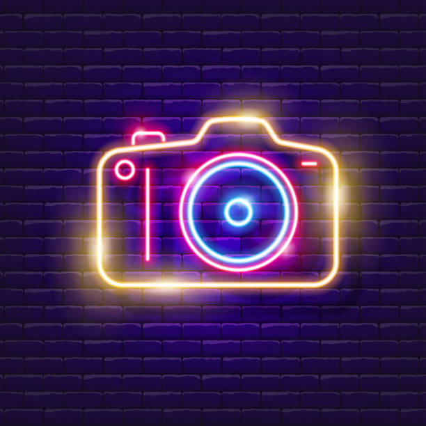Photo camera neon sign. Vector illustration for design. Photo equipment. Photography concept. Photo camera neon sign. Vector illustration for design. Photo equipment. Photography concept neon lighting photos stock illustrations