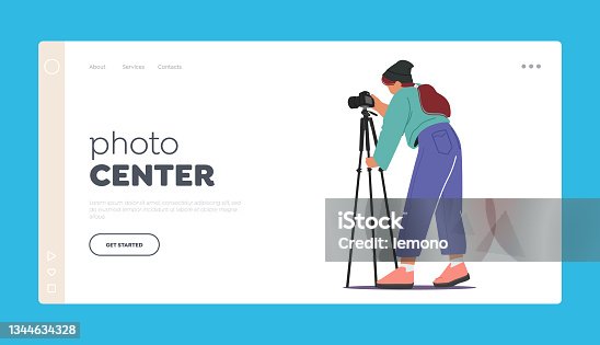 istock Photo Center Landing Page Template. Professional Photography Concept. Female Photographer with Camera on Tripod Shoot 1344634328