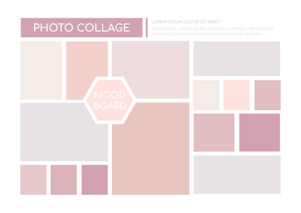Photo collage, mood board - colorful vector template Photo collage, mood board - colorful vector template on white background. High quality theme for pictures in pastel colors. Soft pink, blue, beige and warm grey squares, frames, shapes, collage design arrangement photos stock illustrations