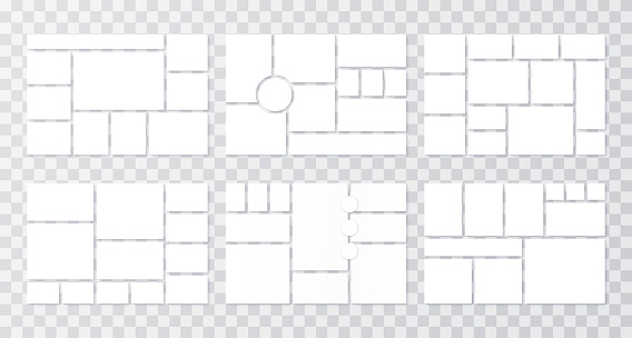 Moodboard grid. Collage templates. Mood board background. Vector. Photomontage pictures layout. Album design. Set mosaic frames. Branding presentation. Horizontal mockup. Simple illustration.