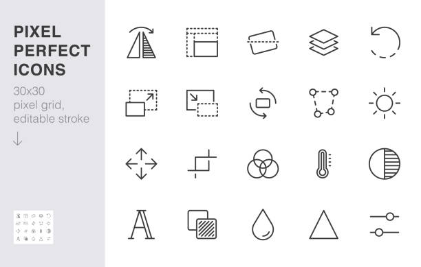 Photo edit line icon set. Flip, crop image, color filter, adjust effects, contrast minimal vector illustration. Simple outline signs for photography application. 30x30 Pixel Perfect. Editable Strokes Photo edit line icon set. Flip, crop image, color filter, adjust effects, contrast minimal vector illustration. Simple outline signs for photography application. 30x30 Pixel Perfect. Editable Strokes. digital composite stock illustrations