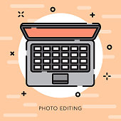 A flat design/thin line photography icon with small openings in the outlines to add some character. Color swatches are global so it’s easy to edit and change the colors.