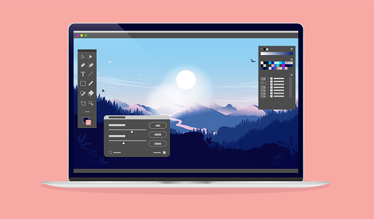 Photo editing software on laptop screen vector illustration