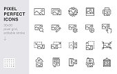Photo line icon set. Image gallery, picture frame, printer, file resize, camera minimal vector illustrations. Simple outline signs for photos editor application. 30x30 Pixel Perfect. Editable Strokes.