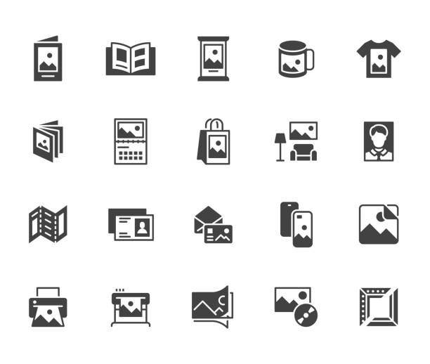 Photo printing flat icon set. Brand identity printed on products like brochure, banner, mug, plotter black silhouette vector illustrations. Simple glyph signs for polygraphy Photo printing flat icon set. Brand identity printed on products like brochure, banner, mug, plotter black silhouette vector illustrations. Simple glyph signs for polygraphy. phone cover stock illustrations