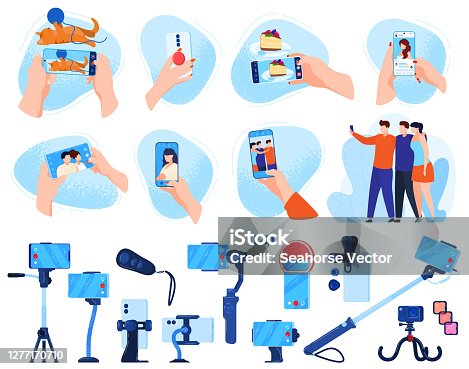 istock Photo shooting vector illustration set, cartoon flat mobile smartphone photography and digital camera equipment collection 1277170710