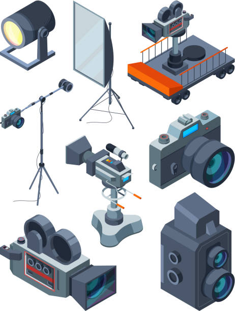 ilustraciones, imágenes clip art, dibujos animados e iconos de stock de cámaras de foto. diversos equipos de video o foto estudio - camera flash