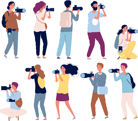 Photographer characters. Professional videography and photographers standing with cameras vector collection