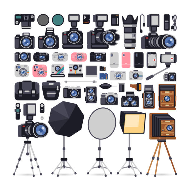 ilustraciones, imágenes clip art, dibujos animados e iconos de stock de iconos de equipos de fotógrafo en estilo plano - camera flash