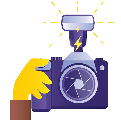 Photographer hands with camera flat illustration