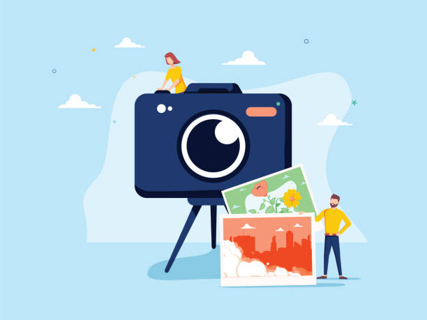 Photographer occupation vector illustration. Flat tiny camera picture person concept. Professional digital film Photographer occupation vector illustration. Flat tiny camera picture person concept. Professional digital film equipment technology. Creative nature image capture on tripod. Outdoor shooting session. nature photos stock illustrations