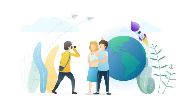 Photographer taking picture flat vector illustration. Photographer taking picture flat vector illustration. Happy couple posing for professional artist. Young people making funny photo. Friends travelling around the world, visiting different countries. world map photos stock illustrations