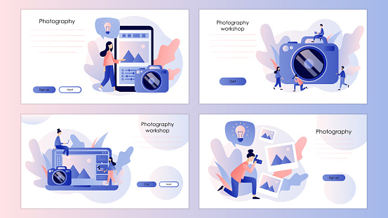 Photography concept. Photography workshop, processing concept. Screen template for mobile smart phone, landing page, template, ui, web, mobile app, poster, banner, flyer. Modern flat cartoon style.