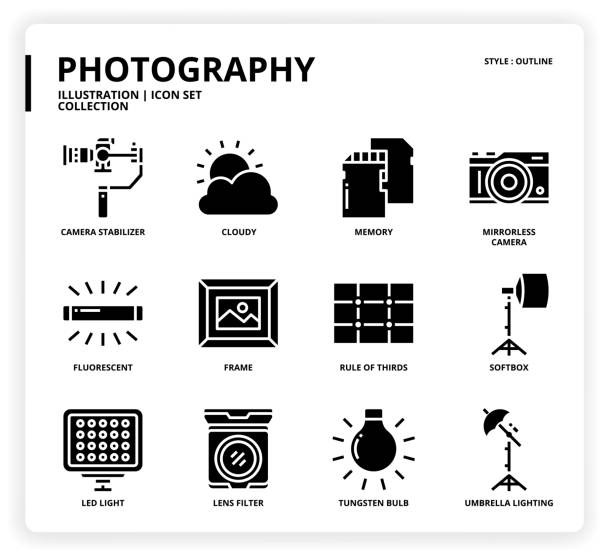 Photography icon set Photography icon set for web design, book, magazine, poster, ads, app, etc. drone borders stock illustrations