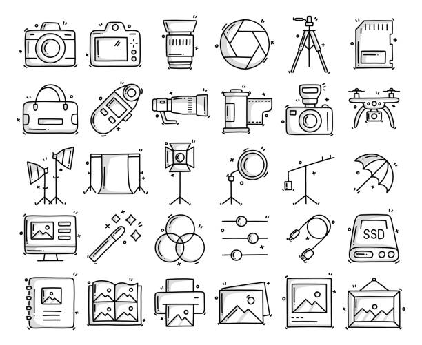 Photography Related Objects and Elements. Hand Drawn Vector Doodle Illustration Collection. Hand Drawn Icons Set. Photography Related Objects and Elements. Hand Drawn Vector Doodle Illustration Collection. Hand Drawn Icons Set. drone drawings stock illustrations