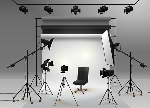Photography studio vector. Photo studio white blank background with soft box light, camera, tripod, chair and set of backdrop. Vector illustration. Isolated on white background.