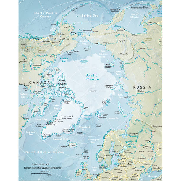 Physical map of the Arctic Region Vector illustration of the physical map of the Arctic region.

Reference map was created by the US Central Intelligence Agency and is available as a public domain map at the University of Texas Libraries website.

https://www.cia.gov/library/publications/resources/the-world-factbook/graphics/ref_maps/physical/pdf/arctic_region.pdf arctic stock illustrations