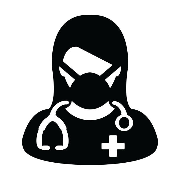 Physician icon vector with surgical face mask female person profile avatar symbol with stethoscope for medical consultation in Glyph Pictogram Physician icon vector with surgical face mask female person profile avatar symbol with stethoscope for medical consultation in Glyph Pictogram illustration nurse symbols stock illustrations