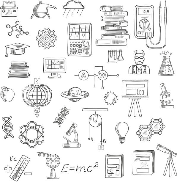 Physics, chemistry and astronomy science sketches Physics, chemistry and astronomy sketch icons for education and science design with microscopes, laboratory flasks, books, models of DNA, atom, molecule and earth magnetic field, scientist, electrical measuring tools, computer, planets, telescope, graduation cap graduation drawings stock illustrations