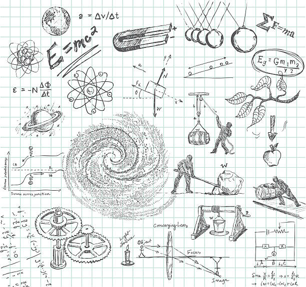 Physics doodle Hand-drawn doodle pencil sketch of various physics subject matter. Includes: atoms, earth, E=Mc2, magnet, Newton's 2nd Law, galaxy, lever, pulley, winch, inclined plane, gears, optics, electrical calculation, Law of Gravity, pendulum, etc. All images are grouped and on separate layers making for easy changes. Graph paper on layer that can be easily removed. XL 5000x5000 jpeg included. quantum physics stock illustrations