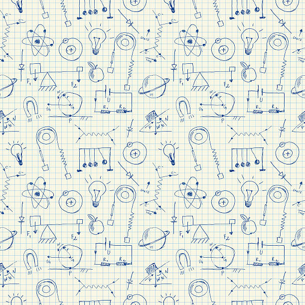 Physics doodles seamless pattern Vector Illustration.EPS10, Ai10, PDF, High-Res JPEG included. sir isaac newton images stock illustrations