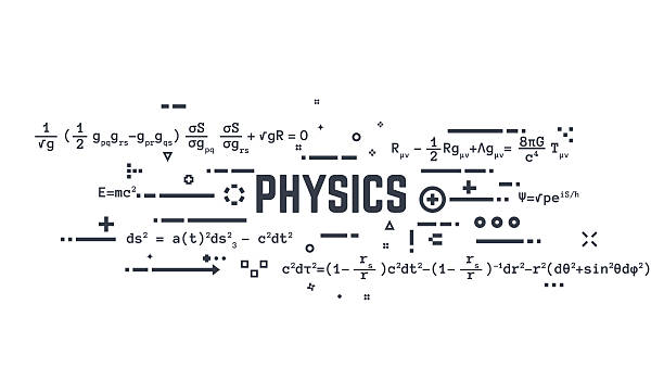 Physics line equations Abstract science background banner. Theoretical physics equations of general relativity and other science formulas. Lines and dots. albert einstein stock illustrations