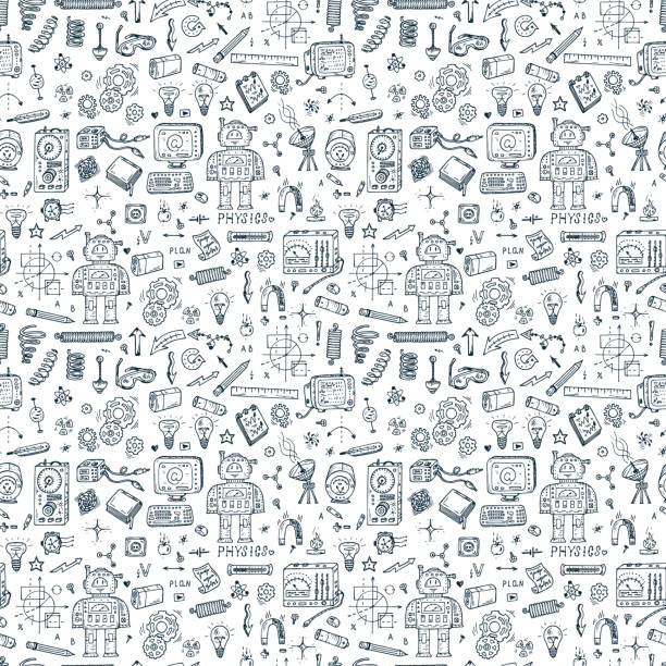 Physics. Science seamless pattern. Robot, Measuring equipment, instrumentation and elements Physics. Science seamless pattern. Hand drawn doodles Robot, Measuring equipment, instrumentation and elements robot designs stock illustrations