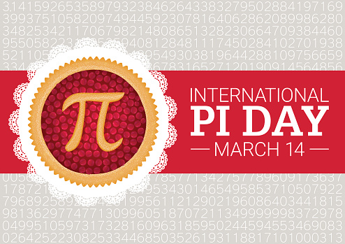 Pi Day vector background. Baked cherry pie with Pi Symbol and ribbon. Mathematical constant, irrational number