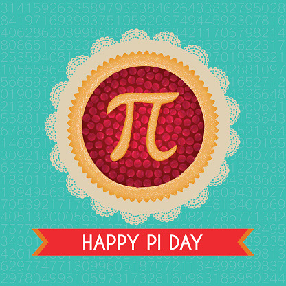 Pi Day vector background. Baked cherry pie with Pi Symbol