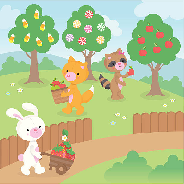 Picking fruit and candy cute kawaii animals vector art illustration